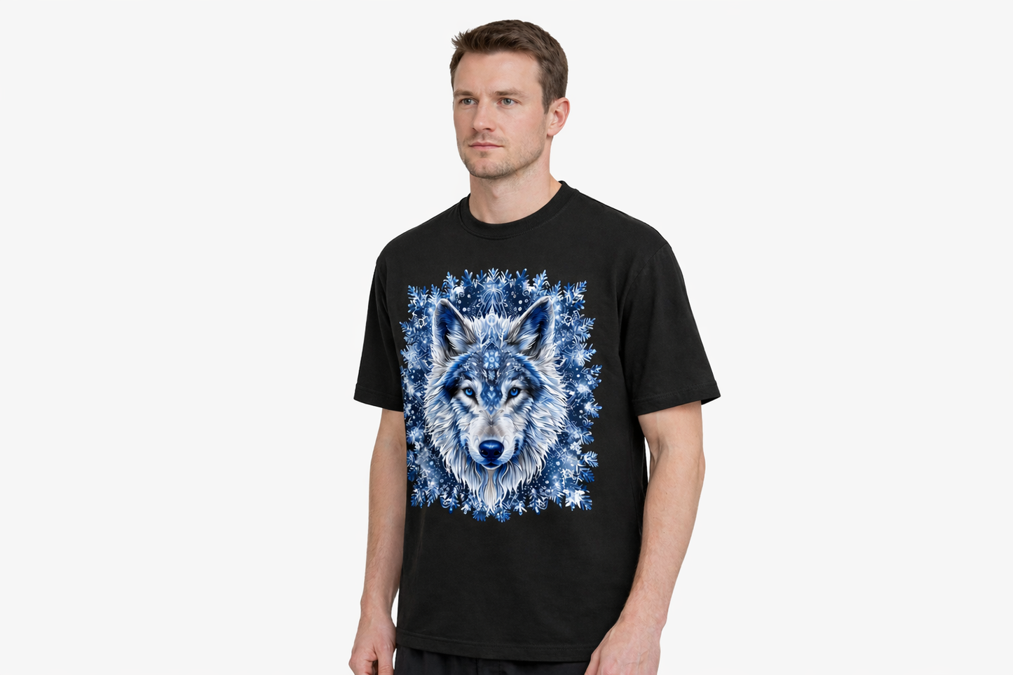 Cotton T-shirt with Snowflake Wolf print